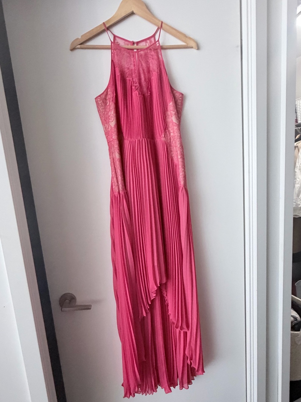 BCBG Hot Pink Pleated High-Low Halter Dress